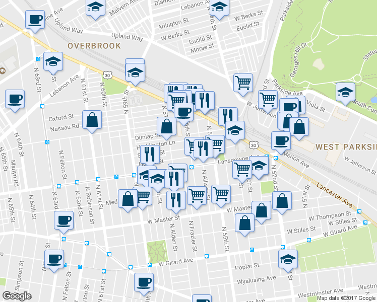 map of restaurants, bars, coffee shops, grocery stores, and more near 5600 Stewart Street in Philadelphia