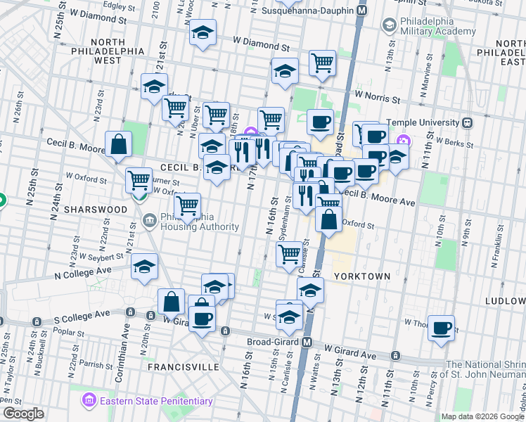 map of restaurants, bars, coffee shops, grocery stores, and more near 1609 West Oxford Street in Philadelphia