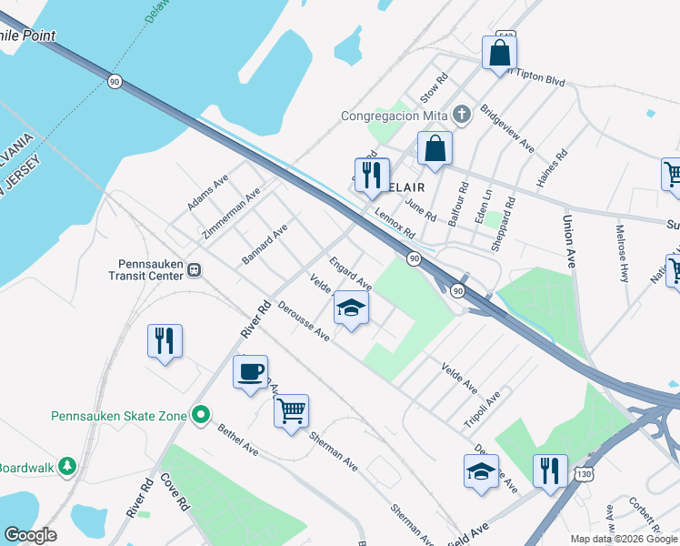 map of restaurants, bars, coffee shops, grocery stores, and more near 7538 River Road in Pennsauken Township