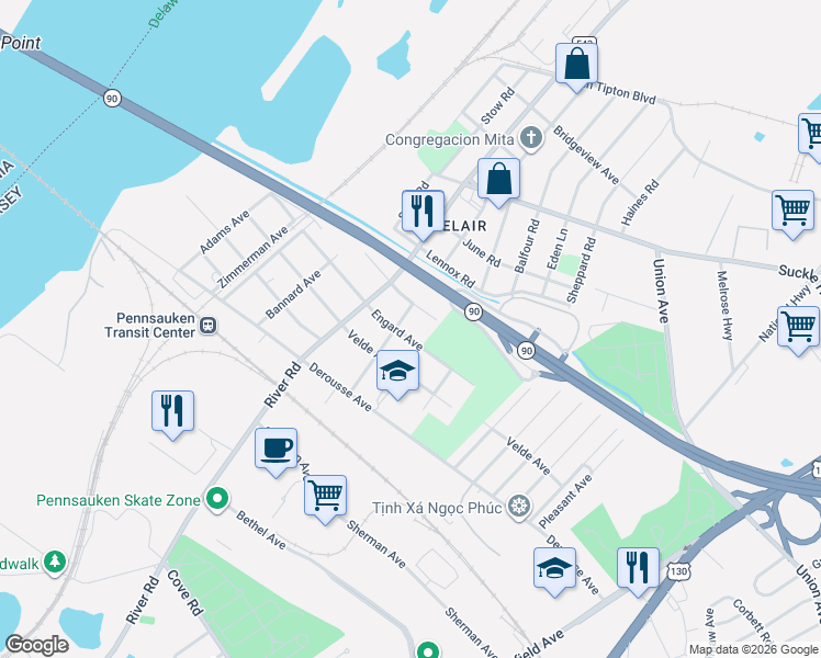 map of restaurants, bars, coffee shops, grocery stores, and more near 7615 Holman Avenue in Pennsauken Township