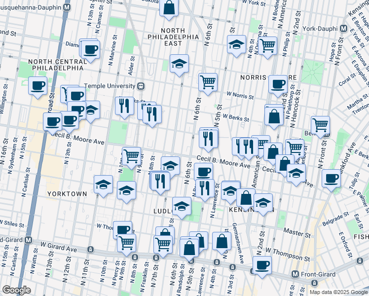 map of restaurants, bars, coffee shops, grocery stores, and more near 1717 North Marshall Street in Philadelphia
