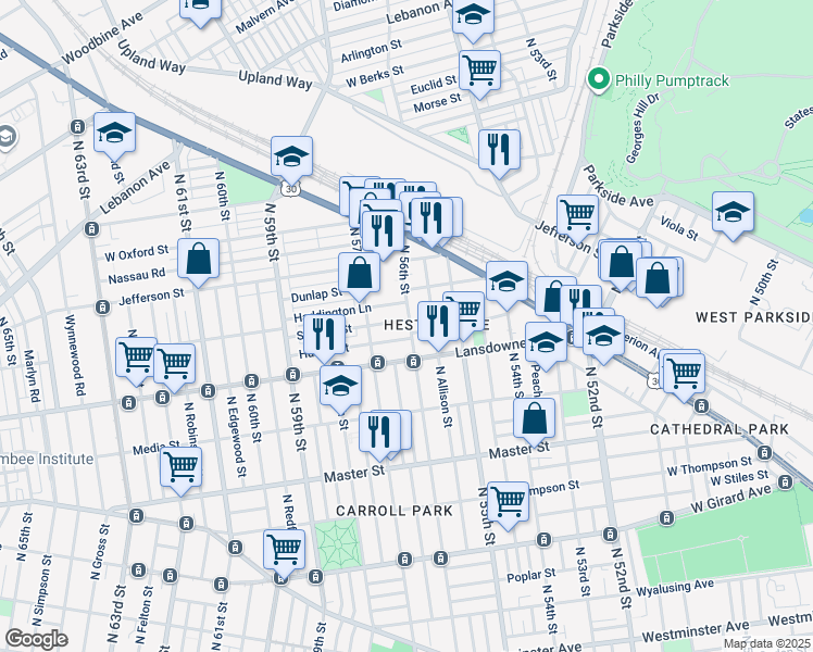 map of restaurants, bars, coffee shops, grocery stores, and more near 5600 Stewart Street in Philadelphia