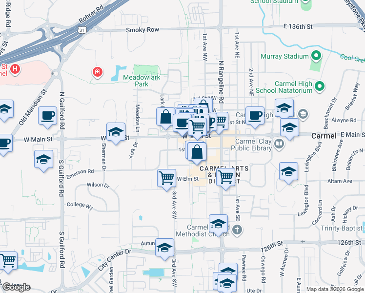 map of restaurants, bars, coffee shops, grocery stores, and more near 39 Monon Boulevard in Carmel