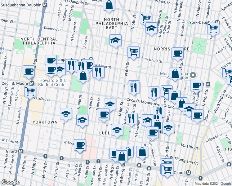 map of restaurants, bars, coffee shops, grocery stores, and more near 1720 North Marshall Street in Philadelphia