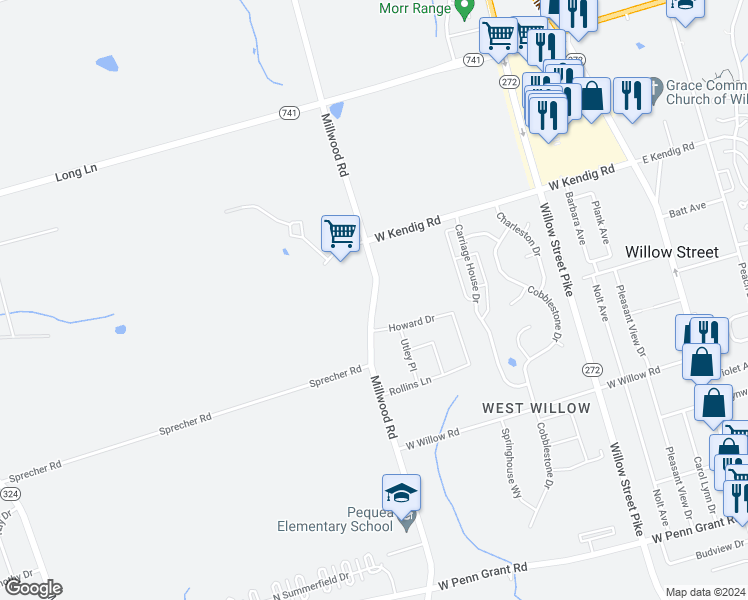 map of restaurants, bars, coffee shops, grocery stores, and more near 577 Millwood Road in Willow Street