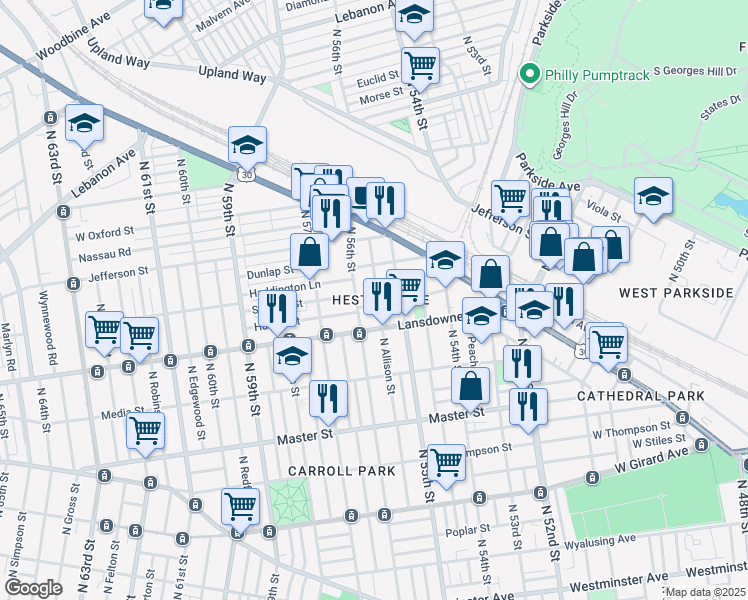 map of restaurants, bars, coffee shops, grocery stores, and more near 1644 North 55th Street in Philadelphia