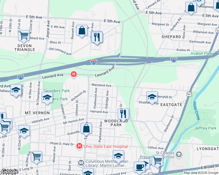 map of restaurants, bars, coffee shops, grocery stores, and more near 1708 Maryland Avenue in Columbus