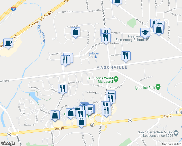 map of restaurants, bars, coffee shops, grocery stores, and more near 4704 Grenwich Lane in Mount Laurel Township