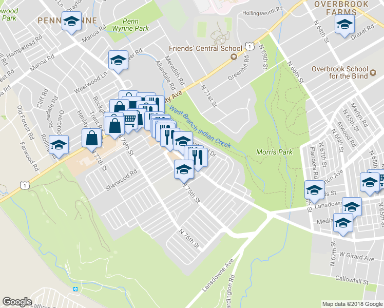 map of restaurants, bars, coffee shops, grocery stores, and more near 7324 Brookhaven Road in Philadelphia