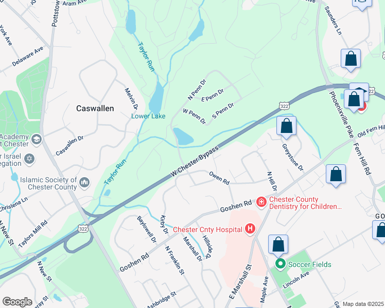 map of restaurants, bars, coffee shops, grocery stores, and more near 952 North Penn Drive in West Chester