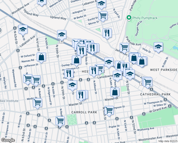 map of restaurants, bars, coffee shops, grocery stores, and more near 1649 North 56th Street in Philadelphia