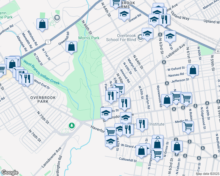 map of restaurants, bars, coffee shops, grocery stores, and more near 1034 North 67th Street in Philadelphia