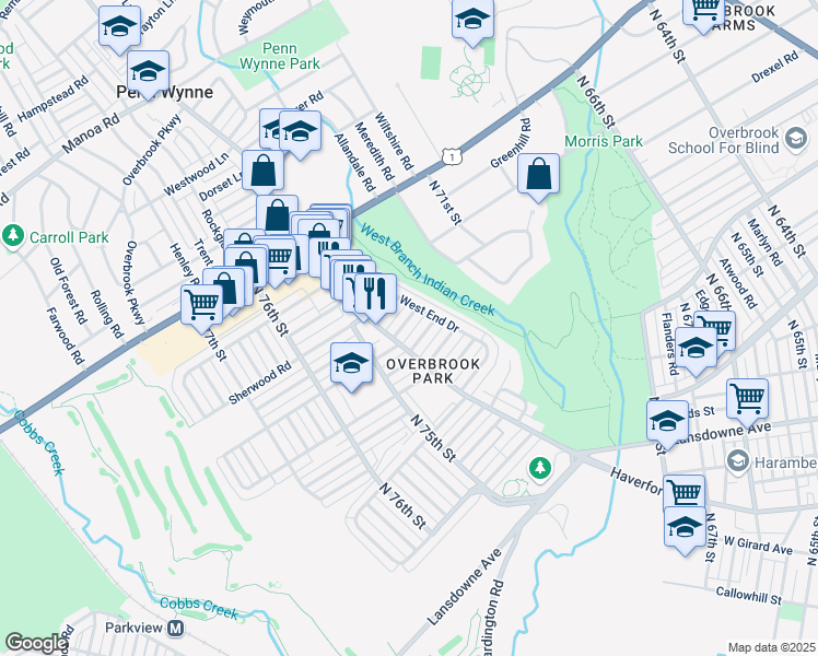 map of restaurants, bars, coffee shops, grocery stores, and more near 7324 Brookhaven Road in Philadelphia