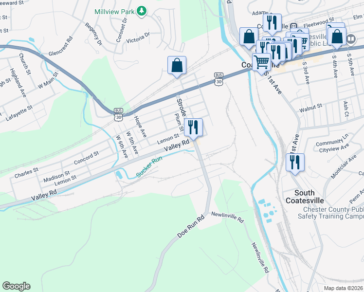 map of restaurants, bars, coffee shops, grocery stores, and more near 338 Lemon Street in Coatesville