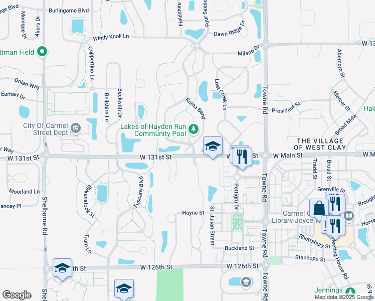 map of restaurants, bars, coffee shops, grocery stores, and more near 2750 West 131st Street in Carmel