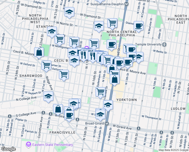 map of restaurants, bars, coffee shops, grocery stores, and more near N 16th St & W Oxford St in Philadelphia