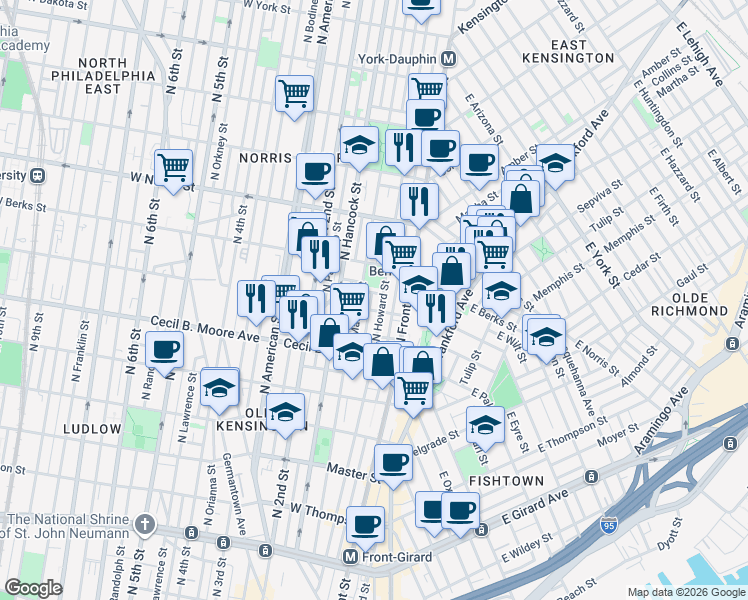 map of restaurants, bars, coffee shops, grocery stores, and more near 131 West Wilt Street in Philadelphia