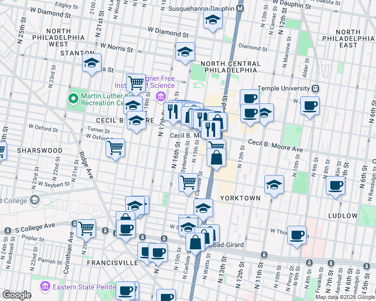 map of restaurants, bars, coffee shops, grocery stores, and more near 1507 West Oxford Street in Philadelphia