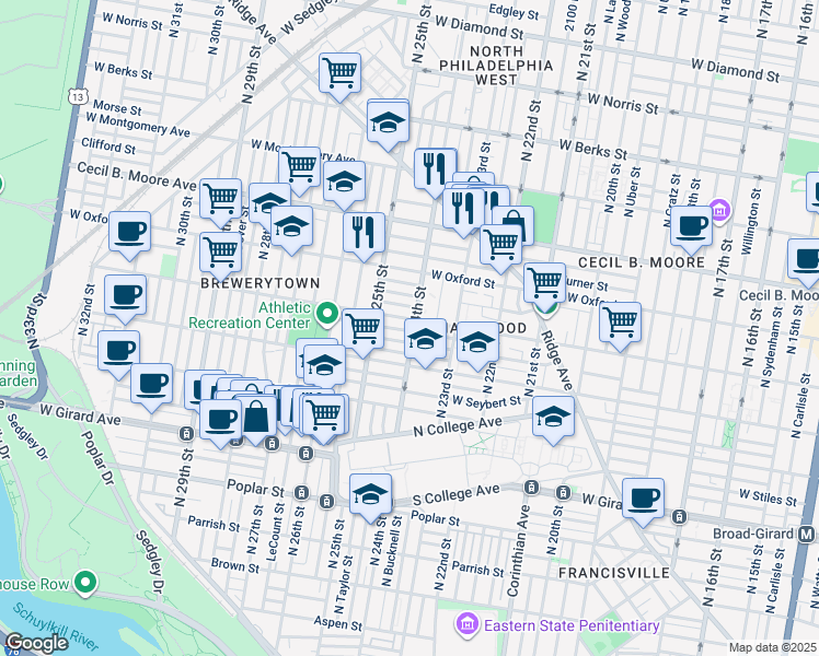 map of restaurants, bars, coffee shops, grocery stores, and more near 2403 Stewart Street in Philadelphia