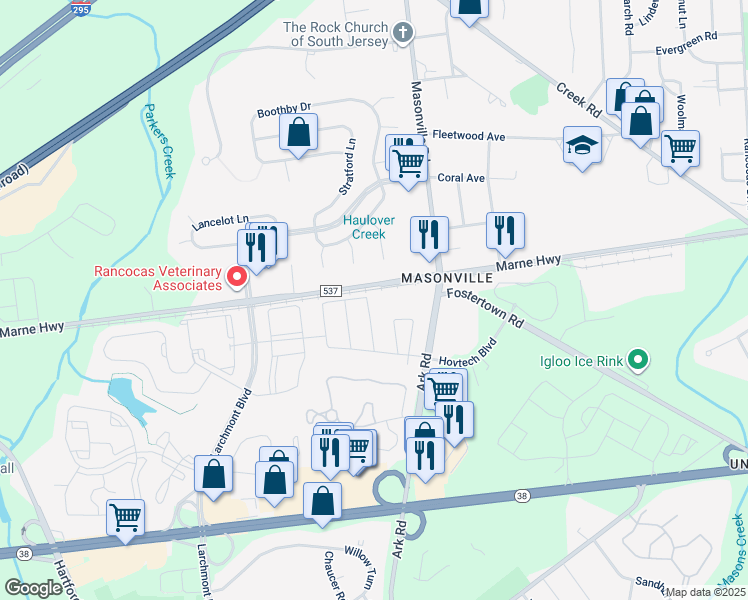 map of restaurants, bars, coffee shops, grocery stores, and more near 4704 Grenwich Lane in Mount Laurel Township