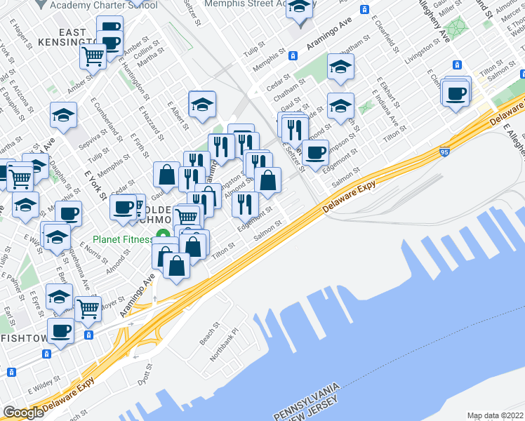map of restaurants, bars, coffee shops, grocery stores, and more near 2656 Edgemont Street in Philadelphia