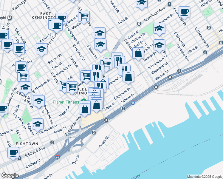 map of restaurants, bars, coffee shops, grocery stores, and more near 2622 East Albert Street in Philadelphia