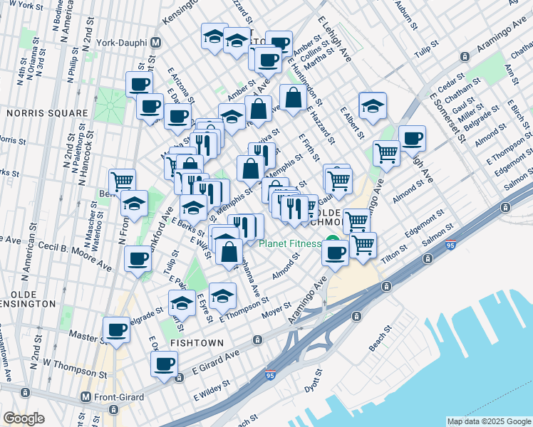 map of restaurants, bars, coffee shops, grocery stores, and more near 2357 East Dauphin Street in Philadelphia
