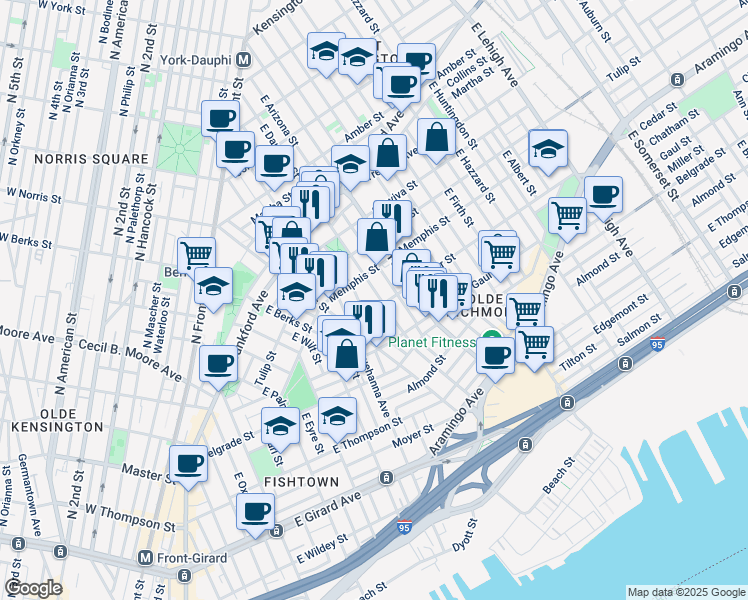 map of restaurants, bars, coffee shops, grocery stores, and more near 2356 East Dauphin Street in Philadelphia