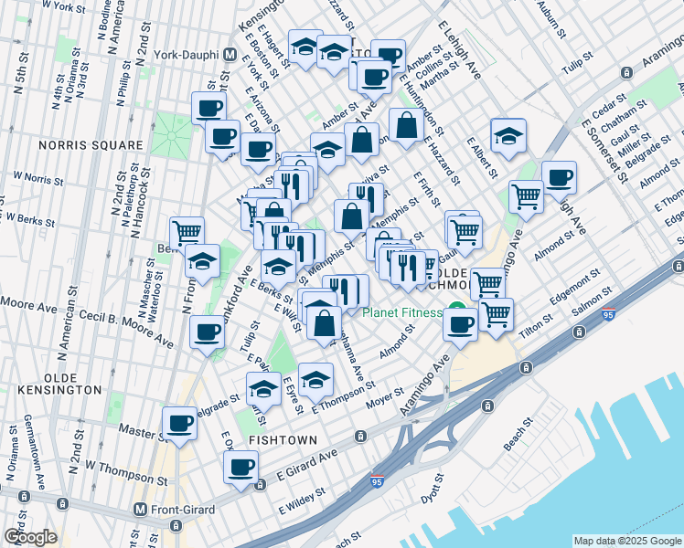map of restaurants, bars, coffee shops, grocery stores, and more near 2012-18 Frankford Avenue in Philadelphia