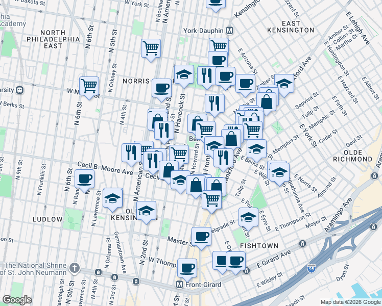 map of restaurants, bars, coffee shops, grocery stores, and more near 131 West Wilt Street in Philadelphia