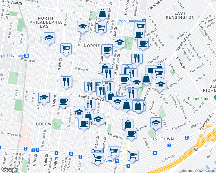 map of restaurants, bars, coffee shops, grocery stores, and more near 1801 North 2nd Street in Philadelphia