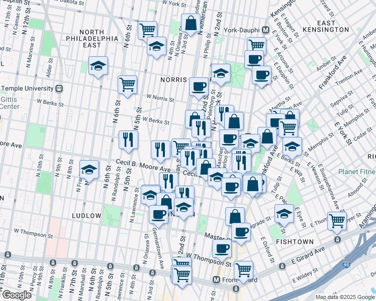 map of restaurants, bars, coffee shops, grocery stores, and more near 1801 North 2nd Street in Philadelphia