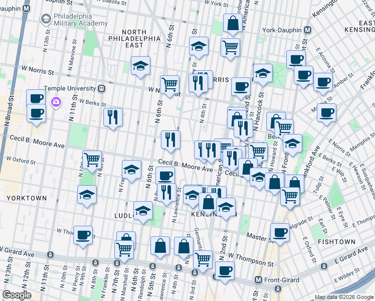 map of restaurants, bars, coffee shops, grocery stores, and more near 1742 Germantown Avenue in Philadelphia