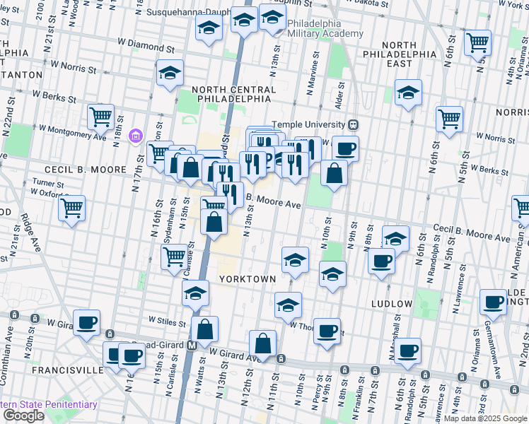 map of restaurants, bars, coffee shops, grocery stores, and more near 1717 North 12th Street in Philadelphia
