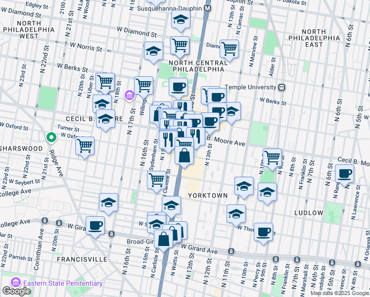 map of restaurants, bars, coffee shops, grocery stores, and more near in Philadelphia