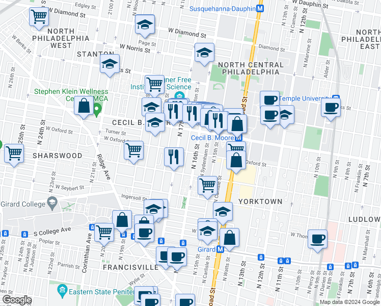 map of restaurants, bars, coffee shops, grocery stores, and more near 1609 West Oxford Street in Philadelphia