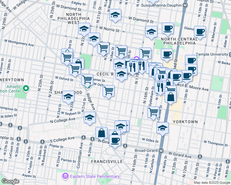 map of restaurants, bars, coffee shops, grocery stores, and more near 1540 North 18th Street in Philadelphia