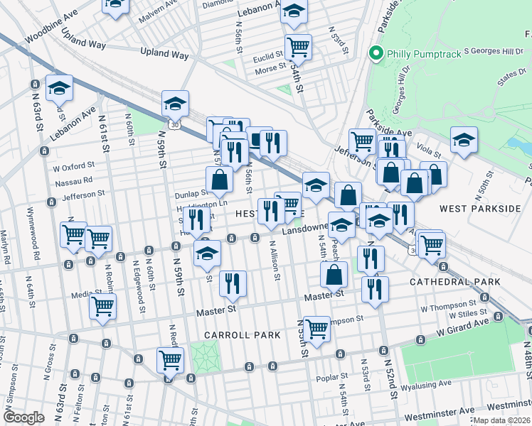 map of restaurants, bars, coffee shops, grocery stores, and more near 1644 North 55th Street in Philadelphia