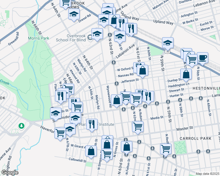map of restaurants, bars, coffee shops, grocery stores, and more near 878 Wynnewood Road in Philadelphia
