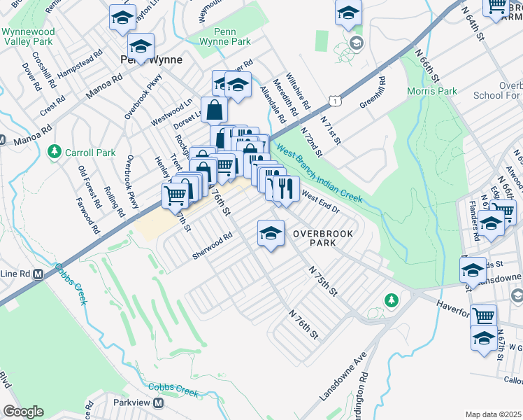 map of restaurants, bars, coffee shops, grocery stores, and more near 7524 Greenhill Road in Philadelphia