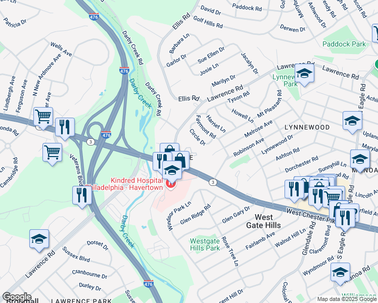 map of restaurants, bars, coffee shops, grocery stores, and more near 1930 Lawrence Road in Havertown