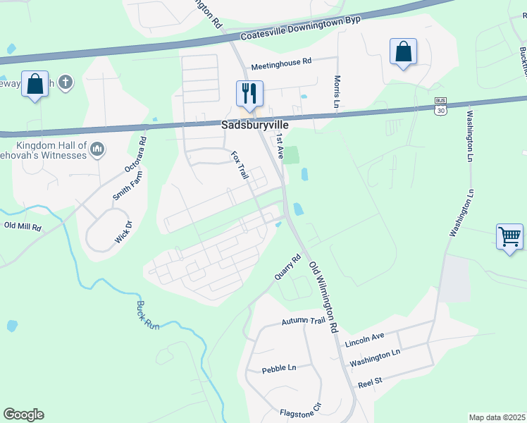 map of restaurants, bars, coffee shops, grocery stores, and more near 121 South Harner Boulevard in Coatesville