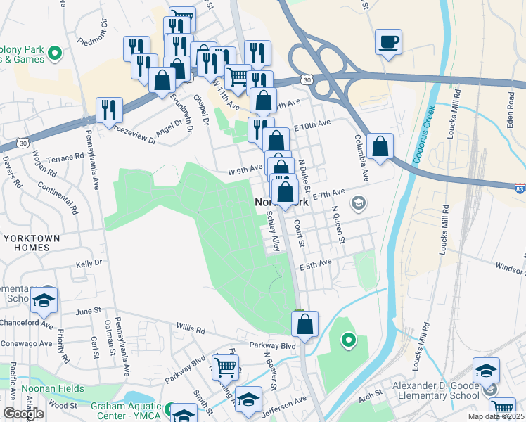 map of restaurants, bars, coffee shops, grocery stores, and more near 1116 Schley Alley in York