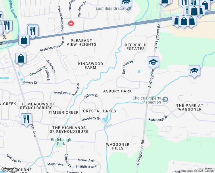 map of restaurants, bars, coffee shops, grocery stores, and more near 7633 Asden Court in Reynoldsburg