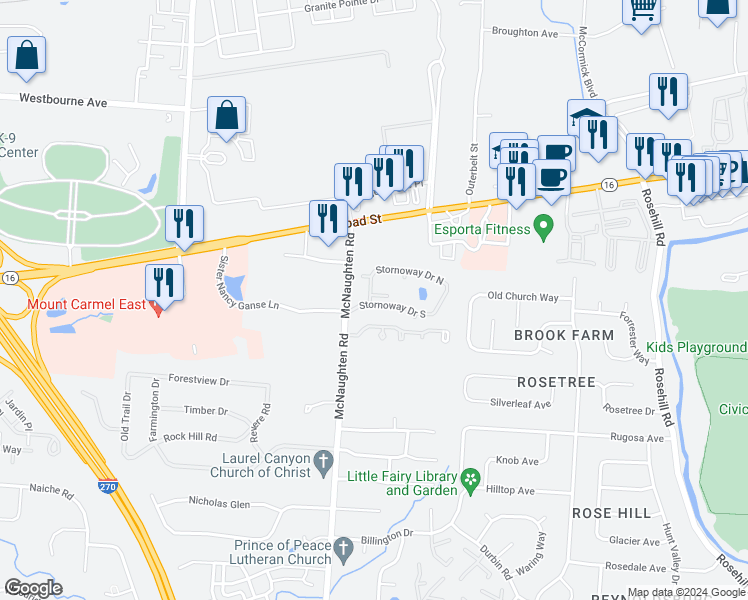 map of restaurants, bars, coffee shops, grocery stores, and more near 6174 Stornoway Drive West in Columbus