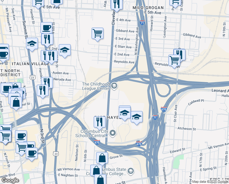 map of restaurants, bars, coffee shops, grocery stores, and more near in Columbus