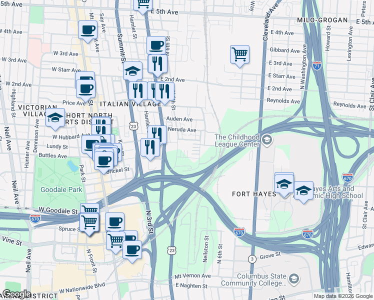 map of restaurants, bars, coffee shops, grocery stores, and more near 752 North 6th Street in Columbus