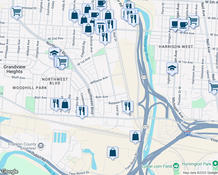 map of restaurants, bars, coffee shops, grocery stores, and more near 895 Yard Street in Grandview Heights