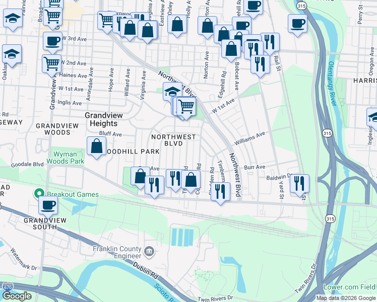 map of restaurants, bars, coffee shops, grocery stores, and more near 941 Thomas Road in Grandview Heights