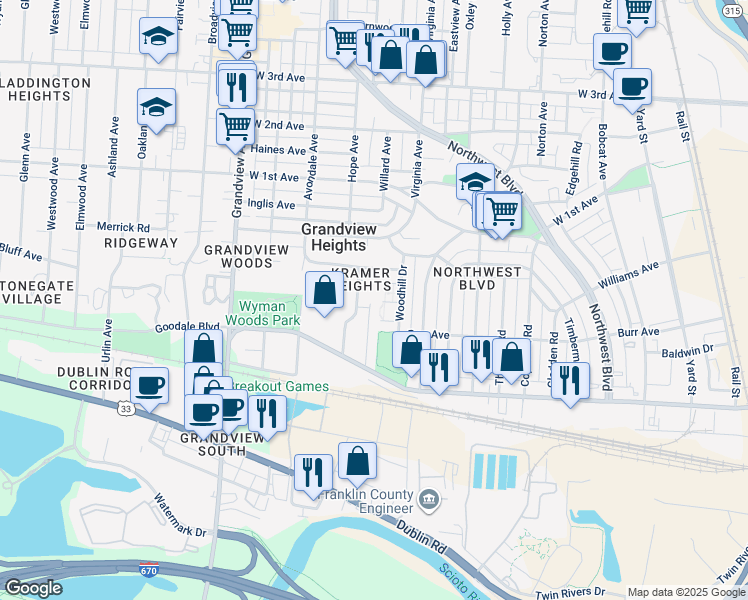 map of restaurants, bars, coffee shops, grocery stores, and more near 947 Woodhill Drive in Grandview Heights
